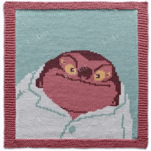 Hand-knitted Jumba Jookiba character square panel with a brown garter stitch border on a light teal background. The design features Jumba from Disney’s Lilo & Stitch with glowing yellow eyes, a mischievous grin, and a white lab coat. Colorwork knitting design created using white, light teal, beige, brown, and yellow shades.