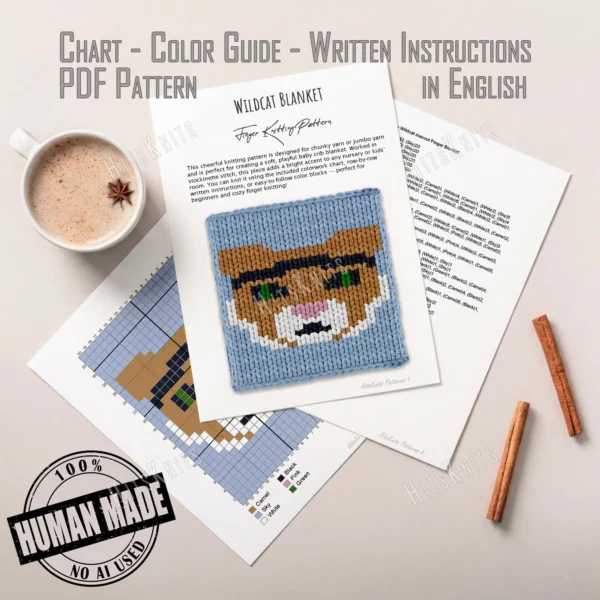 Kentucky Wildcat chunky knit blanket pattern featuring a close-up portrait of a wildcat mascot face with camel fur, dark eyes with green pupils, pink nose and white muzzle markings, set against a sky blue background, knitted in jumbo yarn using finger knitting colorwork technique.