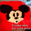 Mickey Mouse chunky knit blanket with classic black ears and white face on a bright red background, made in a pixel-style colorwork design using chunky chenille yarn. Cozy handmade blanket inspired by vintage cartoon characters and retro animation décor, suitable for nurseries, kids’ rooms, playrooms, and Disney-inspired interiors.