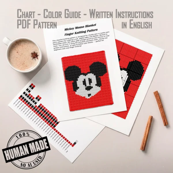 Mickey Mouse chunky knit blanket with classic black ears and white face on a bright red background, made in a pixel-style colorwork design using chunky chenille yarn. Cozy handmade blanket inspired by vintage cartoon characters and retro animation décor, suitable for nurseries, kids’ rooms, playrooms, and Disney-inspired interiors.