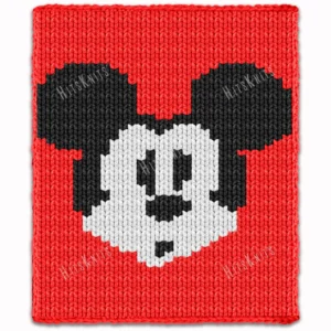 Mickey Mouse chunky knit blanket with classic black ears and white face on a bright red background, made in a pixel-style colorwork design using chunky chenille yarn. Cozy handmade blanket inspired by vintage cartoon characters and retro animation décor, suitable for nurseries, kids’ rooms, playrooms, and Disney-inspired interiors.