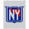 Soft white finger-knitted blanket featuring the official New York Rangers shield logo in bold blue, red, and white colors. The design showcases the iconic NHL hockey team emblem centered on a textured chunky knit background, created with jumbo chenille yarn and clean intarsia colorwork details.
