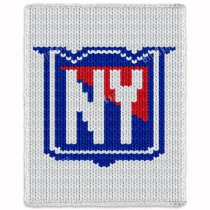 Soft white finger-knitted blanket featuring the official New York Rangers shield logo in bold blue, red, and white colors. The design showcases the iconic NHL hockey team emblem centered on a textured chunky knit background, created with jumbo chenille yarn and clean intarsia colorwork details.