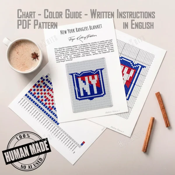 Soft white finger-knitted blanket featuring the official New York Rangers shield logo in bold blue, red, and white colors. The design showcases the iconic NHL hockey team emblem centered on a textured chunky knit background, created with jumbo chenille yarn and clean intarsia colorwork details.