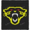 Black chunky knit blanket featuring a fierce Carolina Panthers inspired panther logo with glowing red eyes and bold yellow outlines in a pixel-style design, created with jumbo chenille yarn and textured finger-knitted stitches.