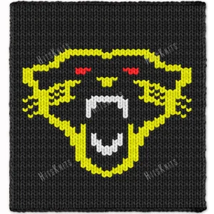 Black chunky knit blanket featuring a fierce Carolina Panthers inspired panther logo with glowing red eyes and bold yellow outlines in a pixel-style design, created with jumbo chenille yarn and textured finger-knitted stitches.