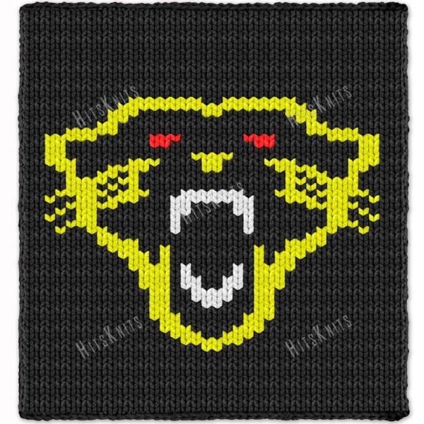 Black chunky knit blanket featuring a fierce Carolina Panthers inspired panther logo with glowing red eyes and bold yellow outlines in a pixel-style design, created with jumbo chenille yarn and textured finger-knitted stitches.