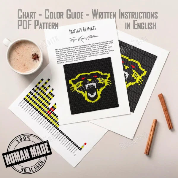Black chunky knit blanket featuring a fierce Carolina Panthers inspired panther logo with glowing red eyes and bold yellow outlines in a pixel-style design, created with jumbo chenille yarn and textured finger-knitted stitches.