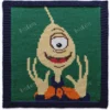 Hand-knitted Pleakley character square panel with a navy garter stitch border on a green background. The design features Pleakley from Disney’s Lilo & Stitch with one large eye, a smiling expression, raised hands, and a long antenna. Colorwork knitting design created using navy, green, cream, brown, gold, white, red, and black shades.