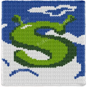 Chunky knitted blanket featuring a large green Shrek-inspired “S” logo with ogre ears on a blue sky and white cloud background. Cozy chenille-style graphghan design with playful fantasy cartoon aesthetics and bold green shades.