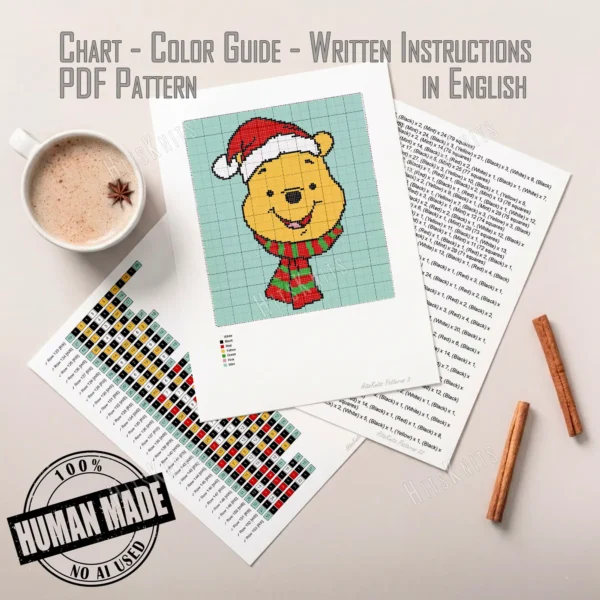 Christmas Winnie the Pooh C2C crochet blanket pattern featuring Pooh Bear in a Santa hat and striped scarf on a mint green background, handmade pixel graphghan blanket design.