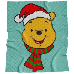Christmas Winnie the Pooh C2C crochet blanket pattern featuring Pooh Bear in a Santa hat and striped scarf on a mint green background, handmade pixel graphghan blanket design.