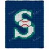 Blue finger-knitted blanket featuring the Seattle Mariners “S” baseball logo in white, teal, and red on a dark navy background.