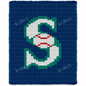 Blue finger-knitted blanket featuring the Seattle Mariners “S” baseball logo in white, teal, and red on a dark navy background.