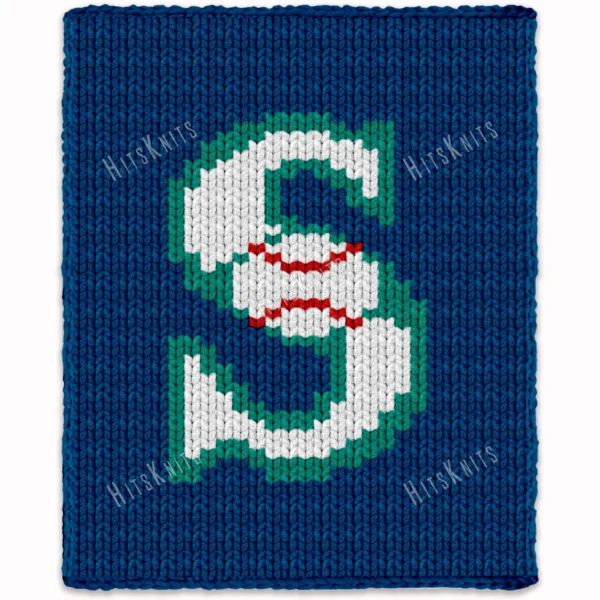 Blue finger-knitted blanket featuring the Seattle Mariners “S” baseball logo in white, teal, and red on a dark navy background.