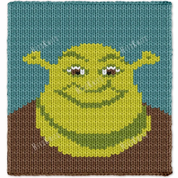 Shrek portrait finger knitting blanket made with chunky chenille yarn, featuring a large green ogre face with signature ears on a sea blue and brown background, cozy handmade graphghan throw pattern for jumbo plush yarn.