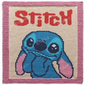 Hand-knitted Stitch character square panel with pink garter stitch border on a cream background. The design features the blue alien Stitch from Disney’s Lilo & Stitch with large sparkling eyes, pink ears, and bold red “STITCH” lettering above. Colorwork knitting chart in blue, navy, sky blue, pink, red, white, and cream tones.