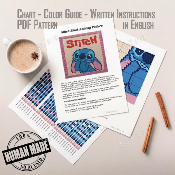 Hand-knitted Stitch character square panel with pink garter stitch border on a cream background. The design features the blue alien Stitch from Disney’s Lilo & Stitch with large sparkling eyes, pink ears, and bold red “STITCH” lettering above. Colorwork knitting chart in blue, navy, sky blue, pink, red, white, and cream tones.
