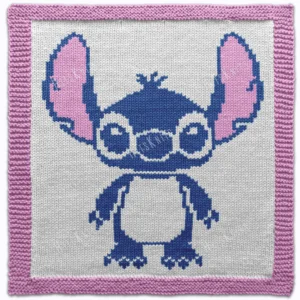 Hand-knitted kawaii Stitch square panel with a soft pink garter stitch border on a white background. The design features a cute standing Stitch character inspired by Disney’s Lilo & Stitch, knitted in blue with oversized pink ears and large round eyes. Minimalist colorwork knitting design created using white, pink, and blue shades.