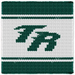 Chunky knitted blanket featuring a retro green “TR” varsity sports logo centered on a white background with matching green border stripes. Cozy chenille-style graphghan design inspired by vintage football team and school athletic aesthetics.