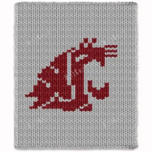 WSU Blanket Finger Knitting Pattern featuring the Washington State University Cougars WSC logo in crimson red on gray background, knitted in jumbo yarn using finger knitting colorwork technique.