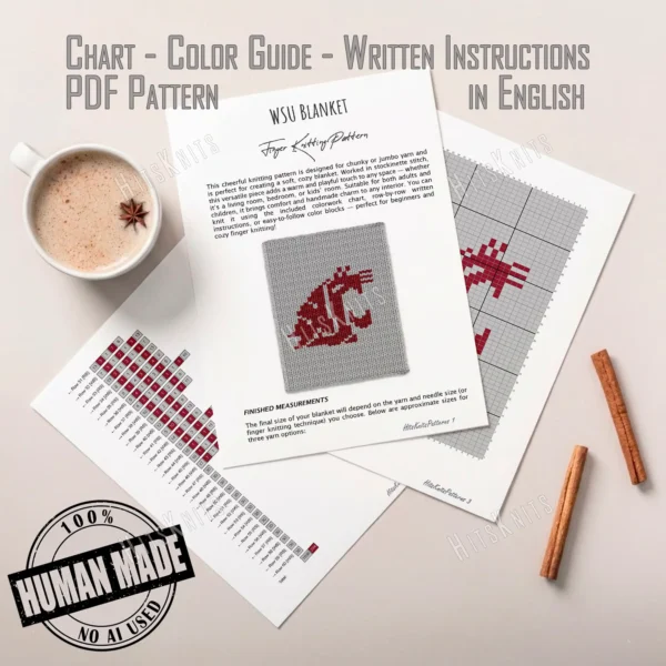 WSU Blanket Finger Knitting Pattern featuring the Washington State University Cougars WSC logo in crimson red on gray background, knitted in jumbo yarn using finger knitting colorwork technique.