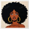 Afro Grace Tapestry Crochet Pattern - graphghan panel showing a portrait of a woman with a large natural afro, warm caramel and brandy skin tones, gold hoop earrings and an ivory background, worked in single crochet intarsia colorwork with 5 colors: Black, Ivory, Caramel, Brandy, and Gold.