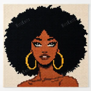Afro Grace Tapestry Crochet Pattern - graphghan panel showing a portrait of a woman with a large natural afro, warm caramel and brandy skin tones, gold hoop earrings and an ivory background, worked in single crochet intarsia colorwork with 5 colors: Black, Ivory, Caramel, Brandy, and Gold.