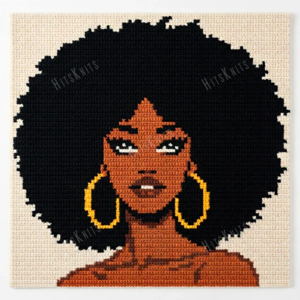Afro Grace Tapestry Crochet Pattern - graphghan panel showing a portrait of a woman with a large natural afro, warm caramel and brandy skin tones, gold hoop earrings and an ivory background, worked in single crochet intarsia colorwork with 5 colors: Black, Ivory, Caramel, Brandy, and Gold.