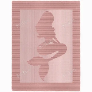 Soft pink knitted baby blanket featuring an elegant silhouette of Ariel, the beloved Disney character from The Little Mermaid, created with textured knit and purl stitches and framed by a wide garter stitch border.