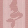 Soft pink knitted baby blanket featuring an elegant silhouette of Ariel the Little Mermaid from Disney cartoon in textured knit and purl stitches, surrounded by a wide garter stitch border.