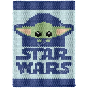 Baby Yoda Grogu finger knitting blanket pattern, Star Wars chenille blanket with blue hooded Grogu design for boys