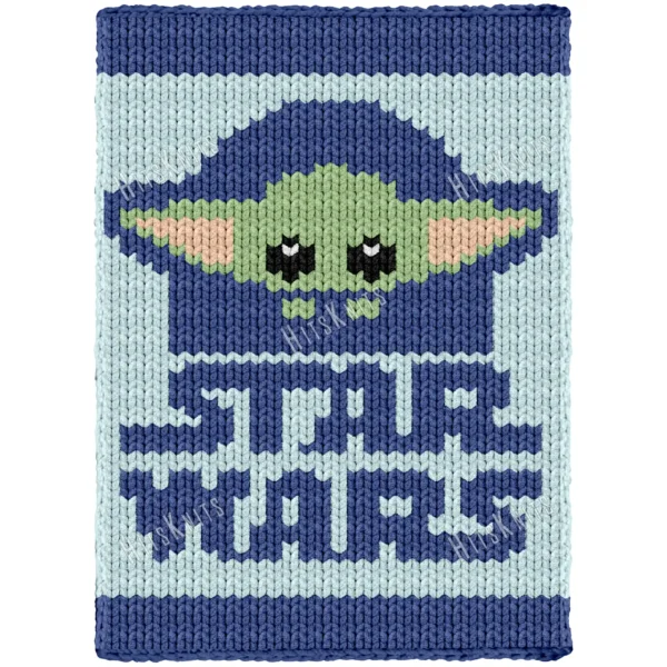 Baby Yoda Grogu finger knitting blanket pattern, Star Wars chenille blanket with blue hooded Grogu design for boys