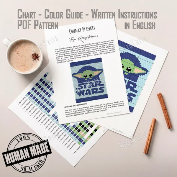 Baby Yoda Grogu finger knitting blanket pattern, Star Wars chenille blanket with blue hooded Grogu design for boys