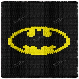Chunky knitted blanket featuring a bold yellow bat superhero logo centered on a solid black background. Minimalist comic-inspired graphghan design with soft chenille-style stitches and a classic retro superhero aesthetic.