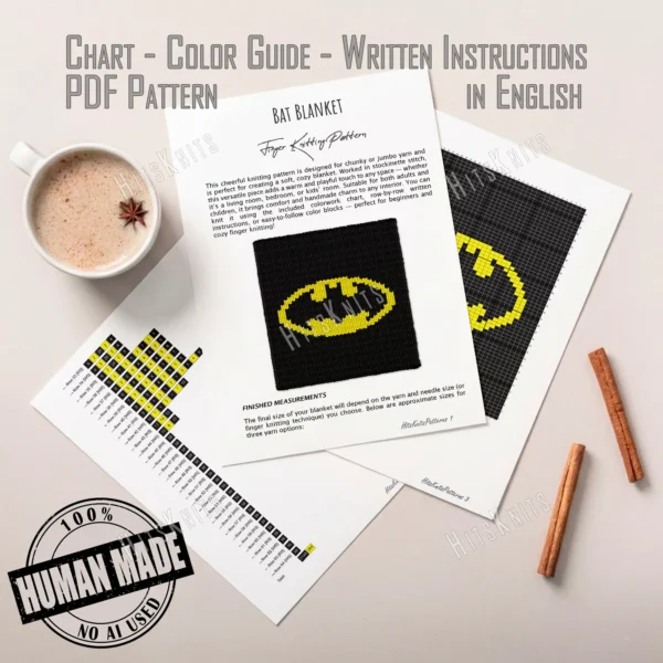 Chunky knitted blanket featuring a bold yellow bat superhero logo centered on a solid black background. Minimalist comic-inspired graphghan design with soft chenille-style stitches and a classic retro superhero aesthetic.