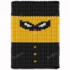 Chunky knit blanket pattern featuring a pixel-style superhero design with a black mask, white eyes, yellow suit, black cape, and button details on a bold black and yellow background.