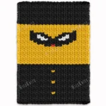 Chunky knit blanket pattern featuring a pixel-style superhero design with a black mask, white eyes, yellow suit, black cape, and button details on a bold black and yellow background.