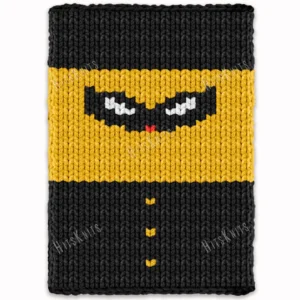 Chunky knit blanket pattern featuring a pixel-style superhero design with a black mask, white eyes, yellow suit, black cape, and button details on a bold black and yellow background.