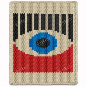 Bauhaus-inspired chunky knit blanket featuring a bold geometric eye design in blue, black, red, and ivory colors, made with plush jumbo chenille yarn in a modern abstract finger knitting style.