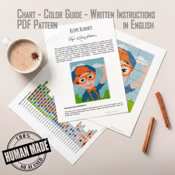 Pixel-style chunky knit blanket inspired by Blippi, featuring a cheerful character with bright orange glasses, orange hat, blue outfit, and smiling expression on a sky-blue background with white clouds and green grass.