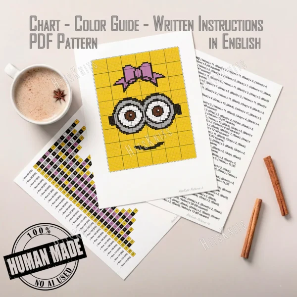 Bow Minion C2C crochet blanket with pink bow, yellow cartoon character graphghan, pixel crochet throw blanket pattern, corner to corner crochet design for girls nursery and kids room decor