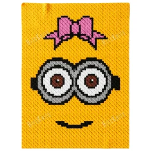Bow Minion C2C crochet blanket with pink bow, yellow cartoon character graphghan, pixel crochet throw blanket pattern, corner to corner crochet design for girls nursery and kids room decor