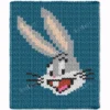 Bugs Bunny finger knitting blanket pattern made with chunky chenille yarn, featuring the classic Looney Tunes character Bugs Bunny with his long ears and playful smile on a blue background, cozy handmade jumbo yarn blanket design for kids and cartoon lovers.