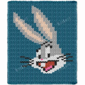 Bugs Bunny finger knitting blanket pattern made with chunky chenille yarn, featuring the classic Looney Tunes character Bugs Bunny with his long ears and playful smile on a blue background, cozy handmade jumbo yarn blanket design for kids and cartoon lovers.