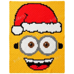Santa Minion C2C crochet blanket pattern - Christmas graphghan with Santa hat, pixel colorwork in yellow, red, white, gray, black and brown