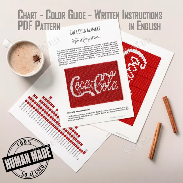Red chunky knit blanket featuring the iconic white Coca Cola script logo, created with jumbo chenille yarn in a textured finger-knitted design with a soft rectangular border.