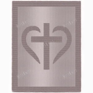 Knitted blanket featuring a Christian cross inside a heart motif, worked in garter stitch against a stockinette background. The blanket has a textured border framing the religious design. The cross and heart are shown in a centered symmetrical layout, suitable for Christians, teens, and adults.
