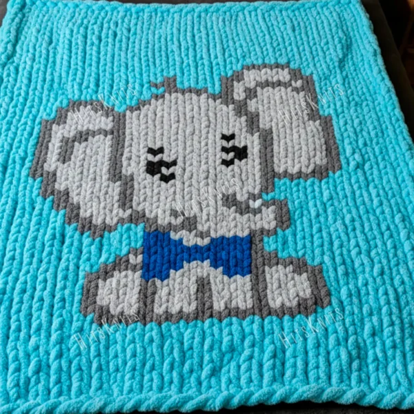 Elephant Finger Blanket knitting pattern by HitsKnits - kawaii-style graphghan in grey, and blue jumbo yarn