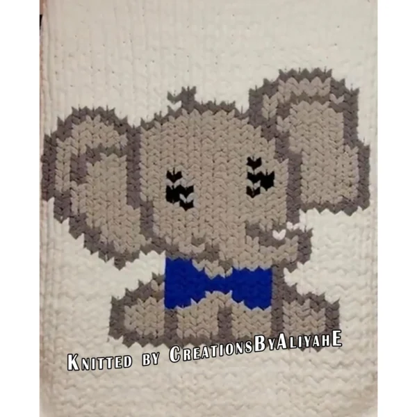 Elephant Finger Blanket knitting pattern by HitsKnits - kawaii-style graphghan in white, grey, and blue jumbo yarn